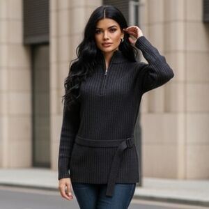 Contact New York Ribbed Belted Long Sleeve 1/4 Zip Sweater Black Size Large